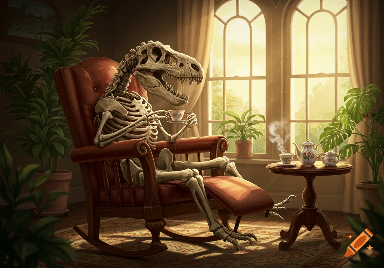 A whimsical illustration of a T-Rex skeleton sitting in a rocking chair, sipping tea in a sunlit room with houseplants.