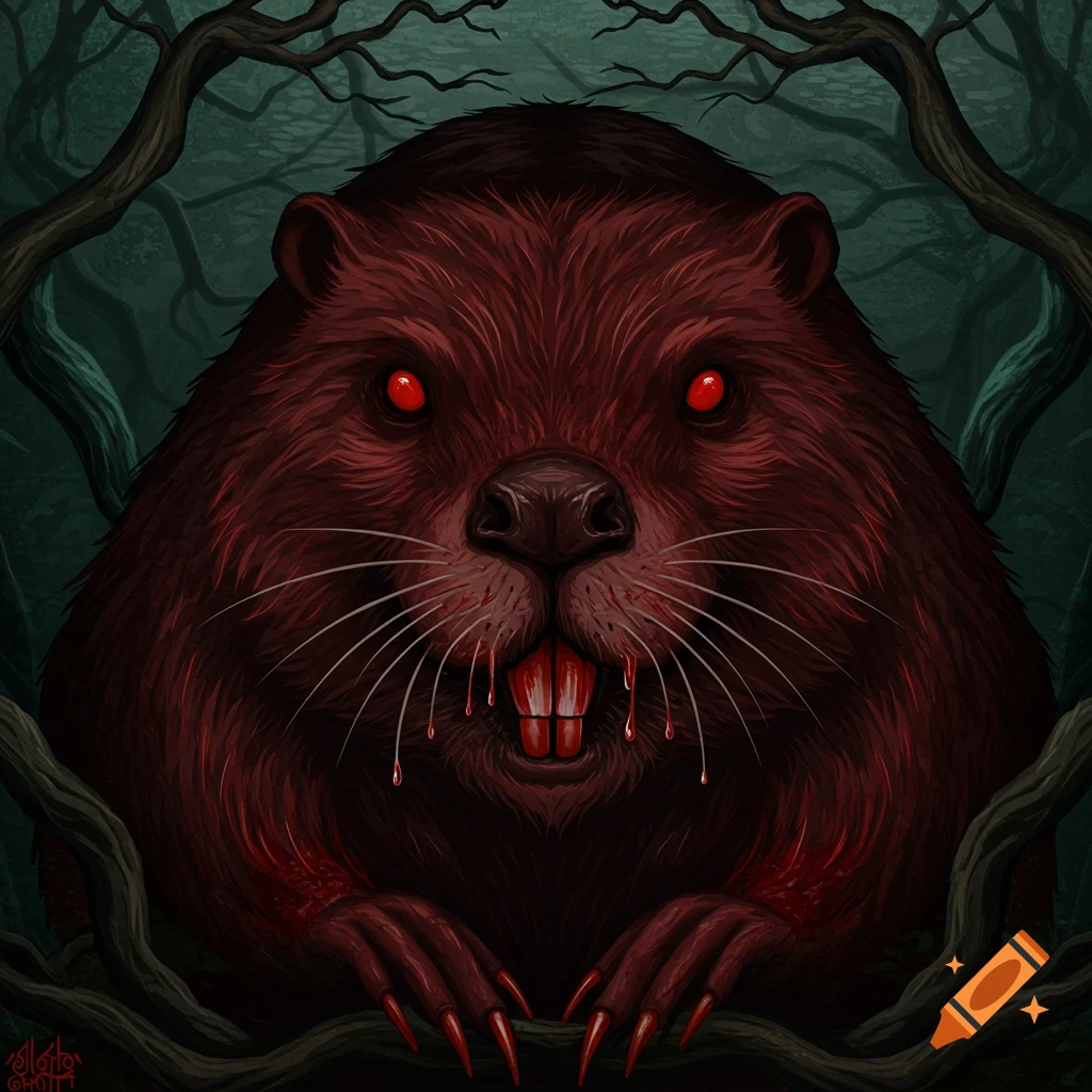Stylized dark fantasy illustration of a red beaver with glowing red eyes, bloody teeth, and sharp claws, framed by tree branches.