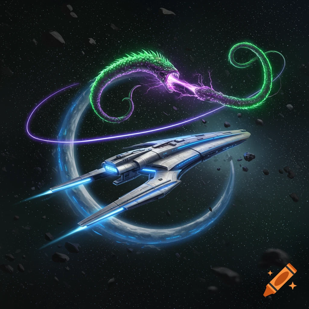 A sleek spaceship in space is attacked by a glowing green and purple alien worm, emitting energy.
