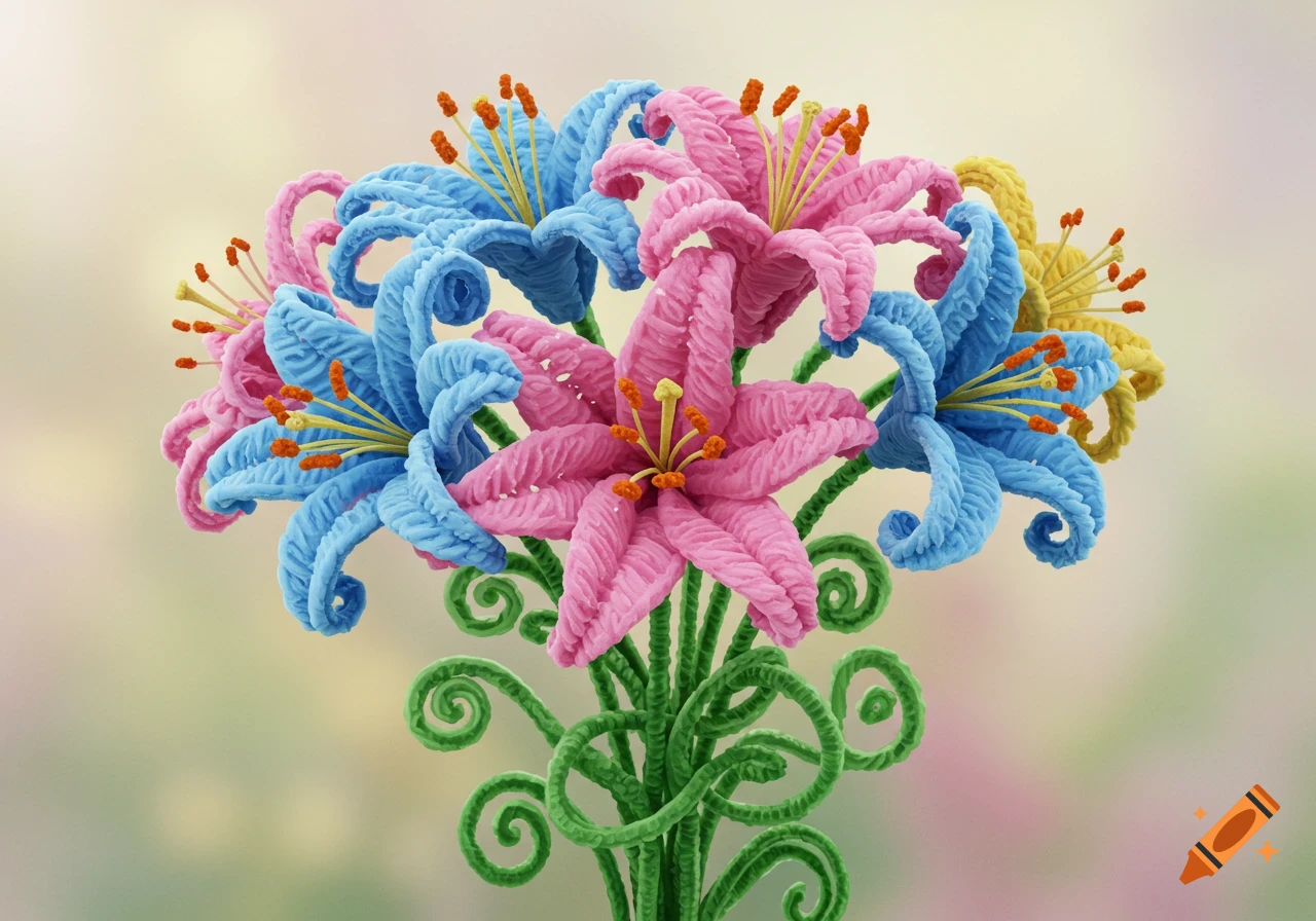 A vibrant bouquet of blue, pink, and yellow pipe cleaner lilies with green curled stems, set against a blurred background.