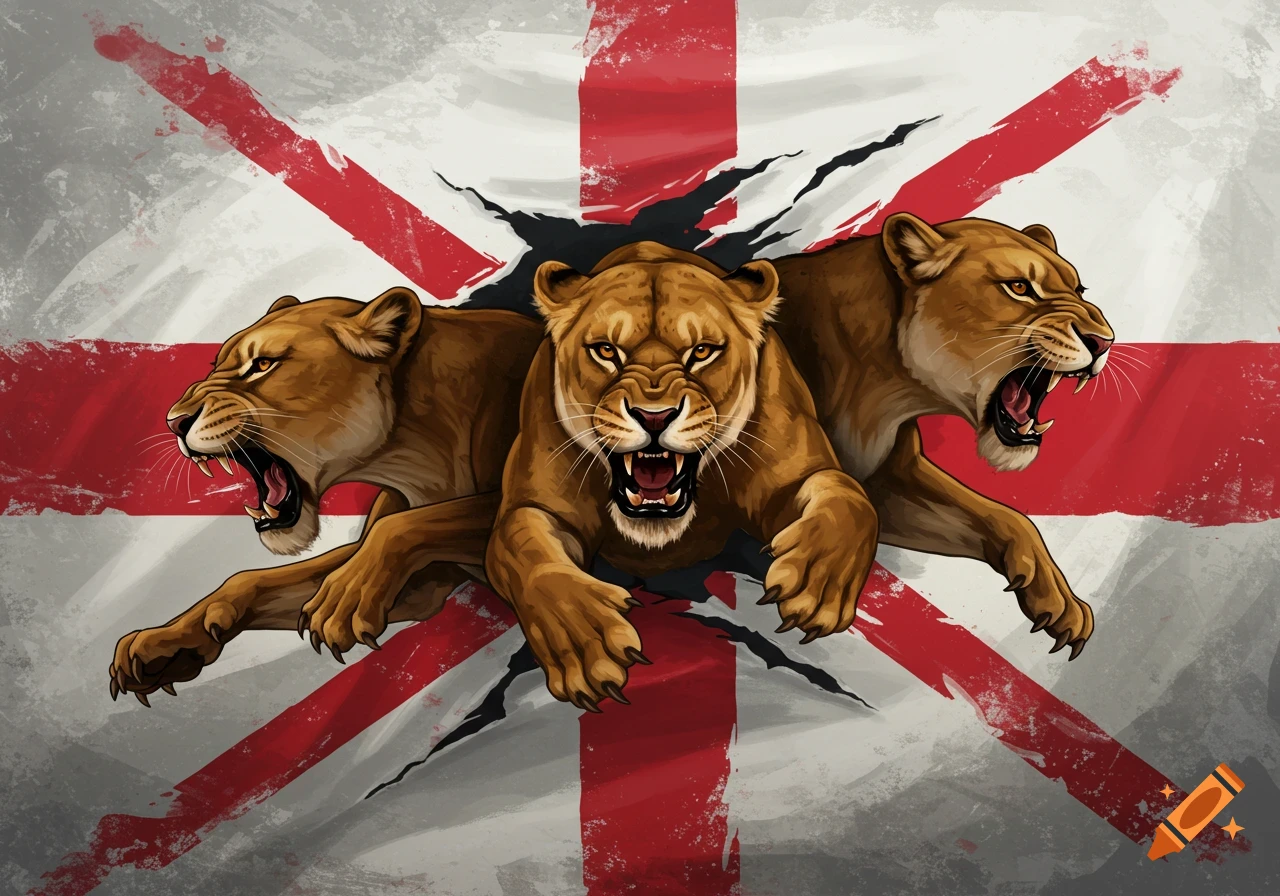 Three snarling lionesses with golden eyes and sharp claws tear through a distressed St. George's Cross flag.