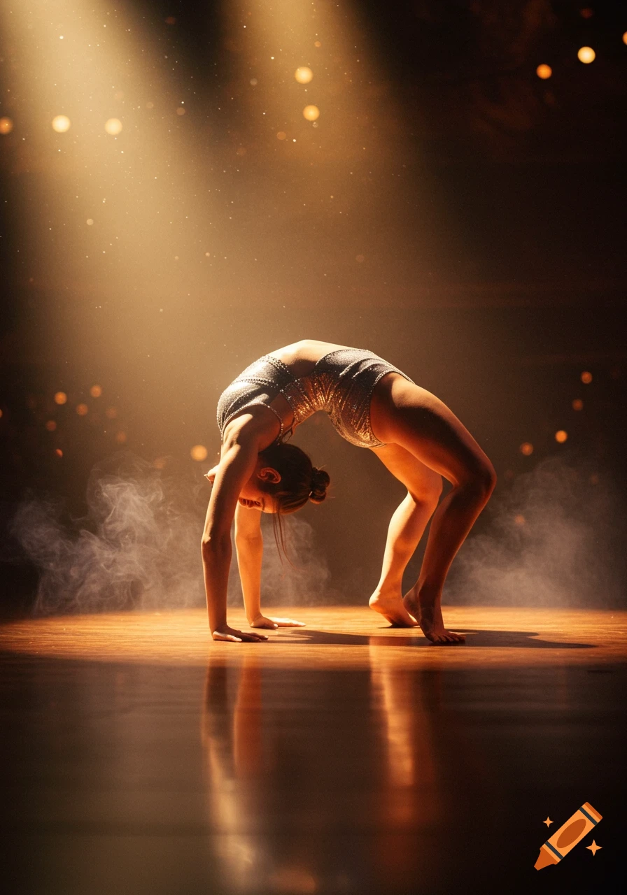 A contortionist in a shimmering leotard performs a backbend on a spotlighted stage with smoke.