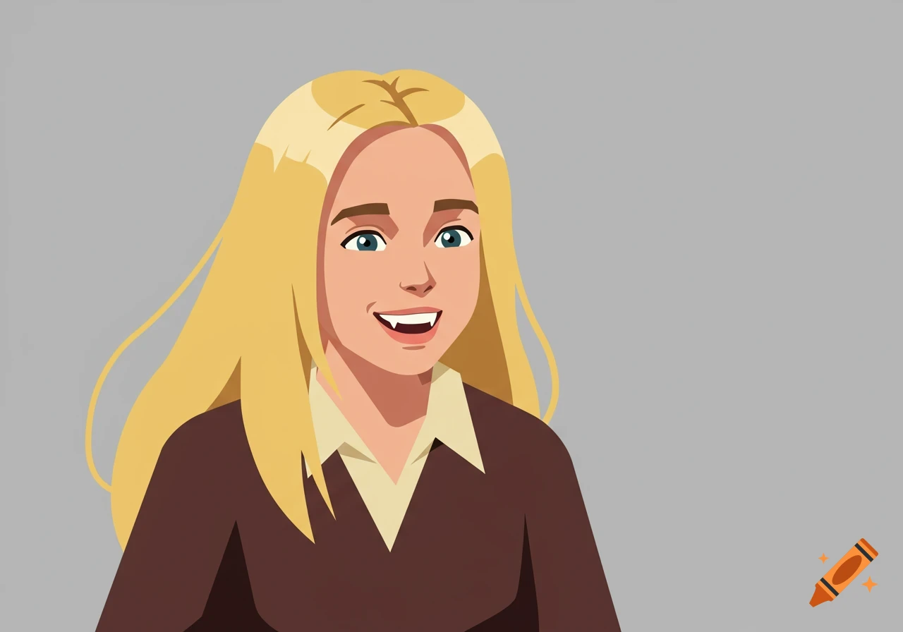 An animated woman with long blonde hair, blue eyes, and fangs smiles against a gray background.