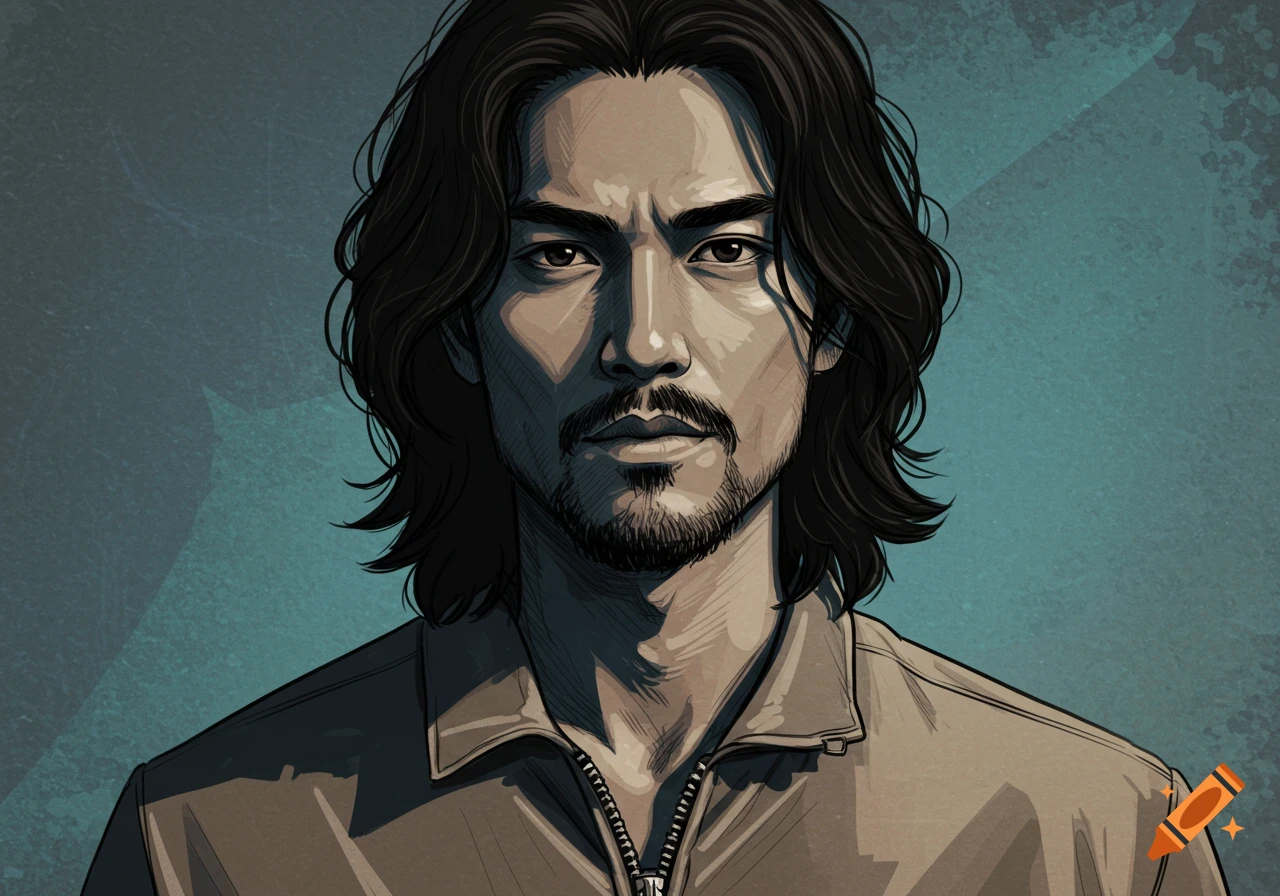 Illustration of a man with long dark hair, beard, and mustache, wearing a zip-up jacket, in a distinct art style.