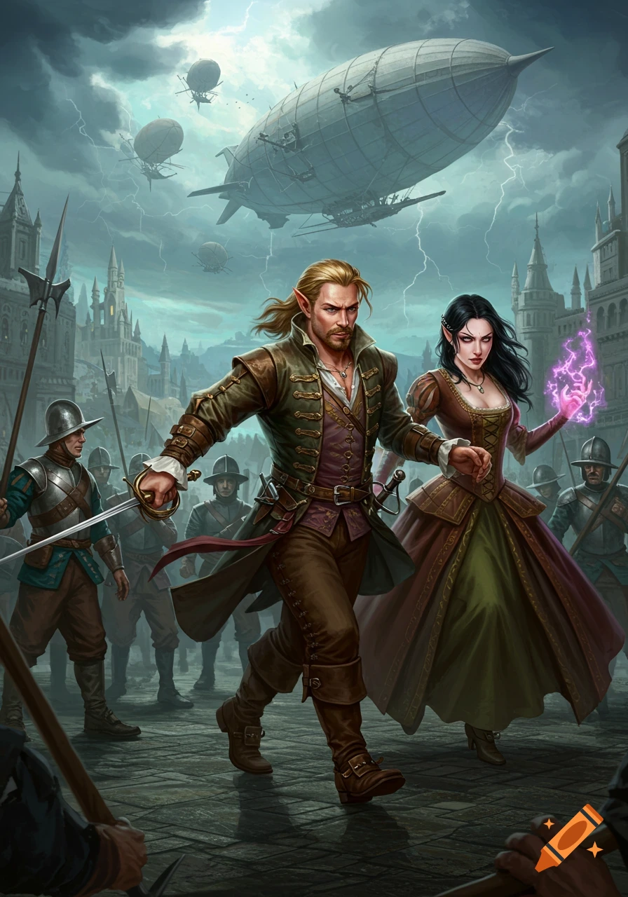 A dramatic illustration of a half-elf swashbuckler and a magic-wielding woman fleeing from guards in a stormy, steampunk Baroque city with airships.