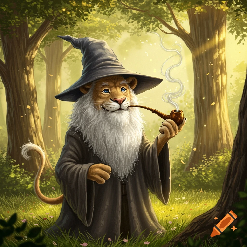 A wise, lion-faced wizard in a pointed hat and robes smiles while smoking a pipe in a magical, sunlit forest.