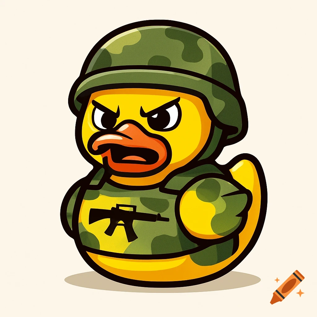 A cartoon rubber duck wearing a green camouflage military helmet and vest with a rifle logo. The duck looks angry.