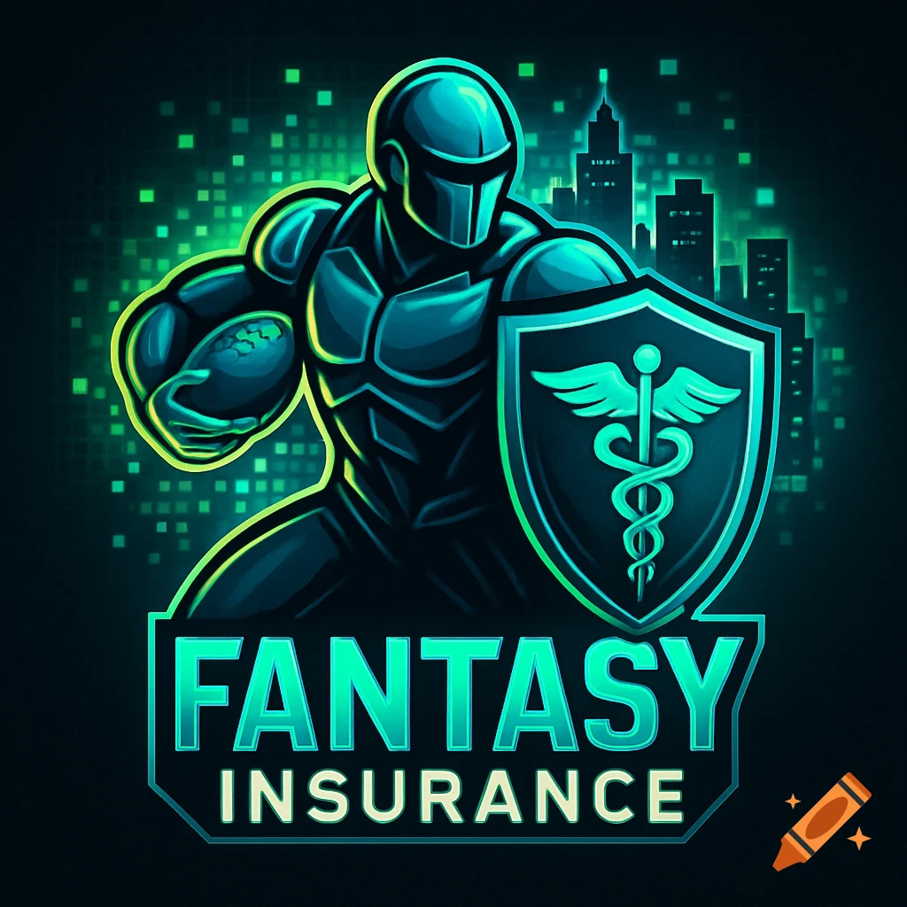 Stylized fantasy football logo featuring a superhero-like figure holding a football and a shield with a caduceus, against a pixelated cityscape. Text reads "FANTASY INSURANCE".