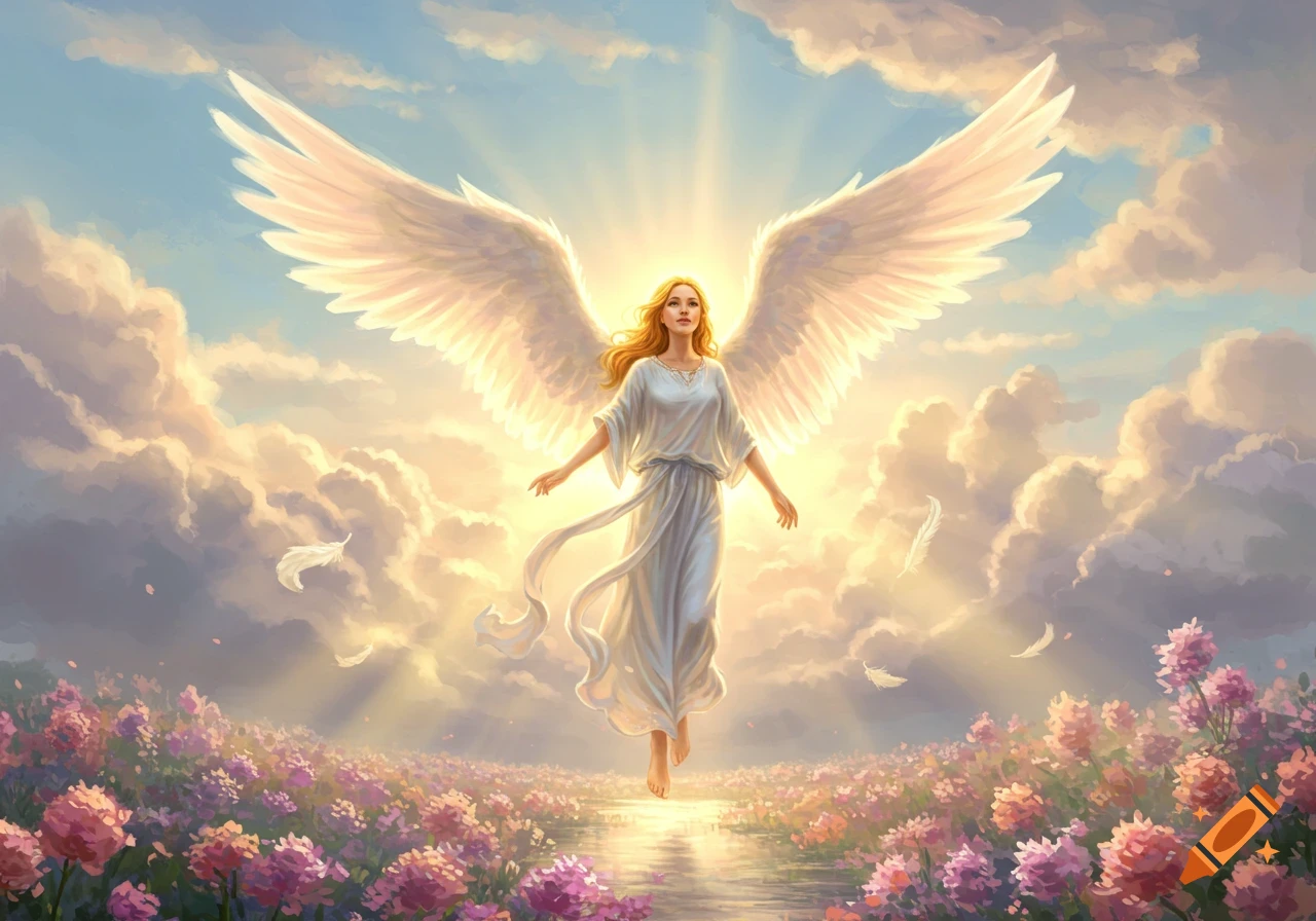 An ethereal angel with large white wings floats above a field of purple and pink flowers under a bright, cloudy sky.