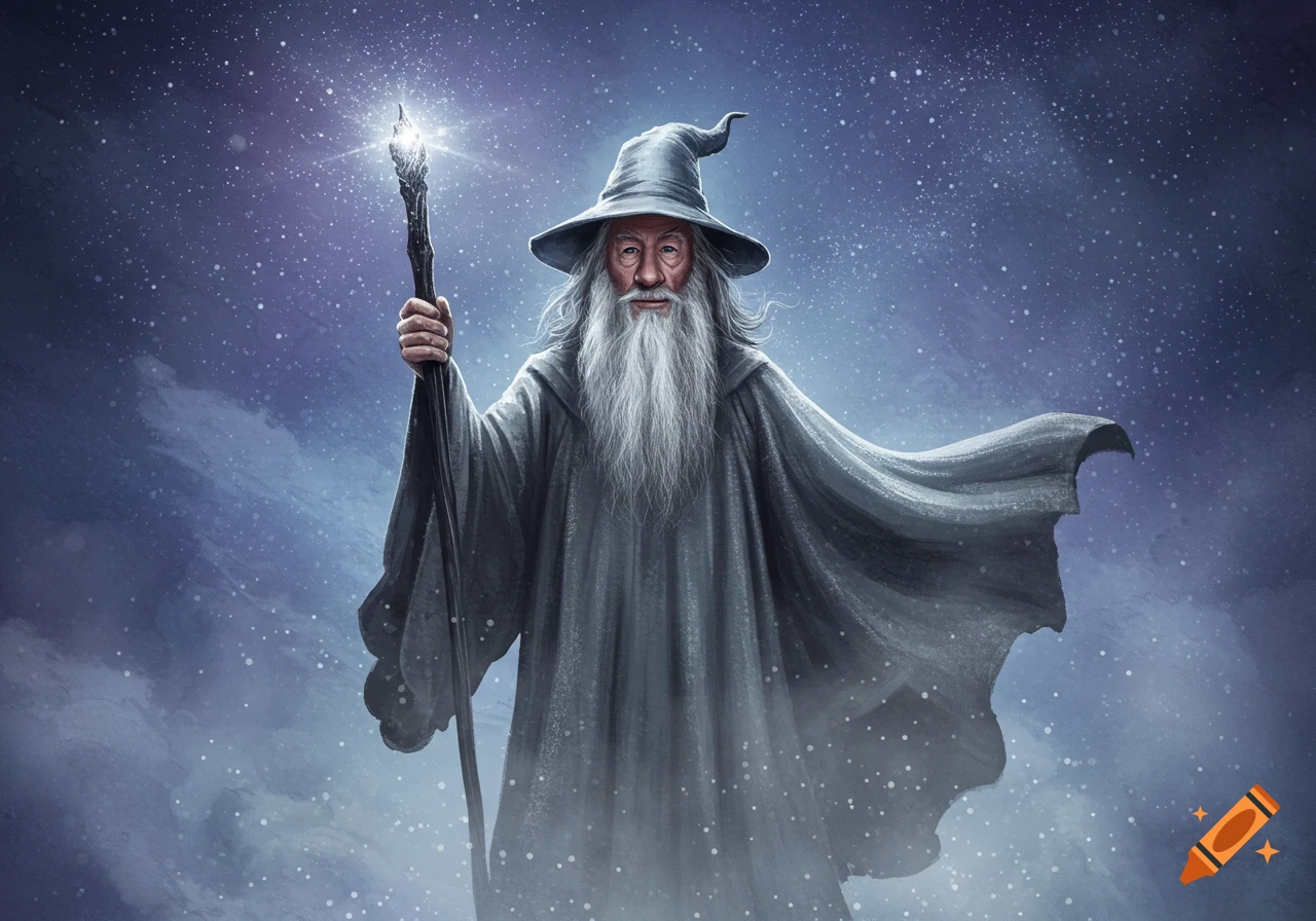 An old wizard, Gandalf, in a grey robe and hat, holds a glowing staff against a starry night sky. Digital art.