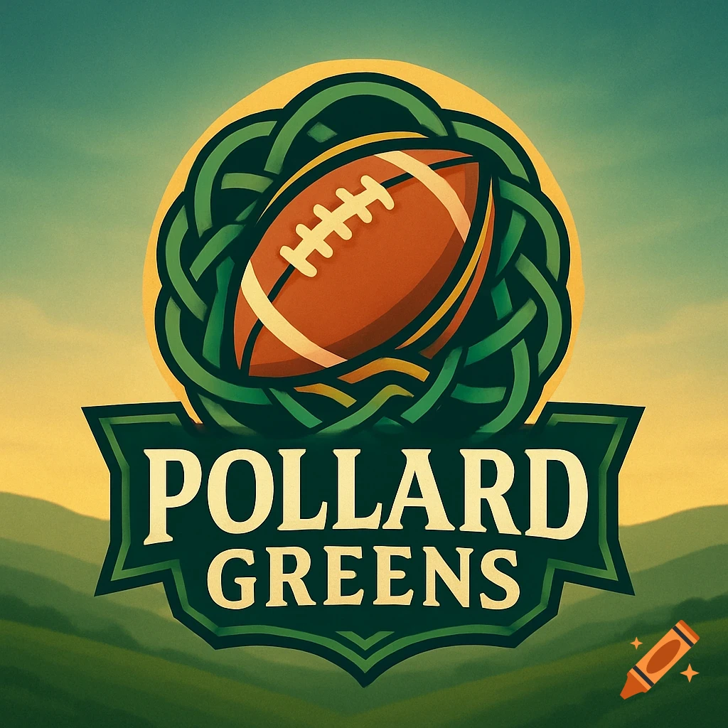 Stylized logo for Pollard Greens fantasy football team, featuring an American football within a green Celtic knot design.