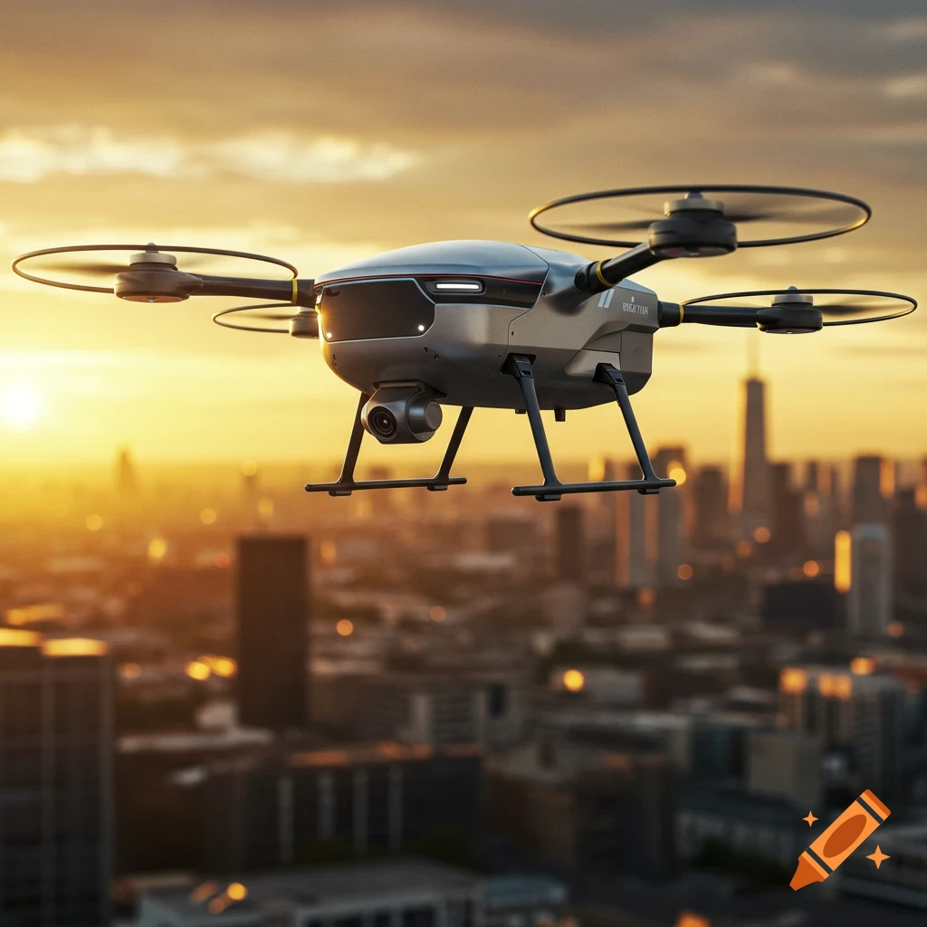 Photorealistic drone with a camera flying over a city skyline at sunset.