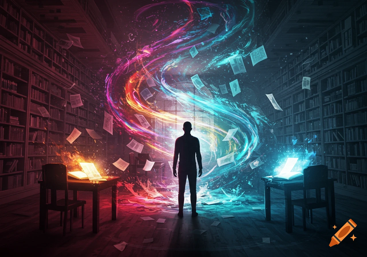 A silhouette of a person stands in a grand library, surrounded by bookshelves, glowing books, and colorful swirling magical energy with floating pages.