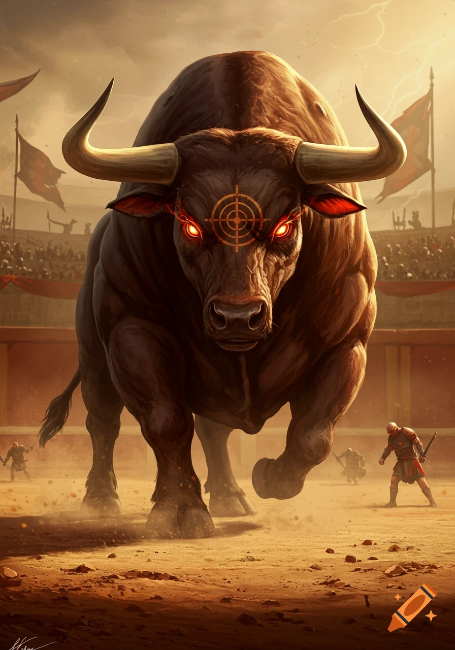 A massive, enraged bull with glowing red eyes and a bullseye symbol on its forehead charges two gladiators in a dusty arena under a stormy sky.