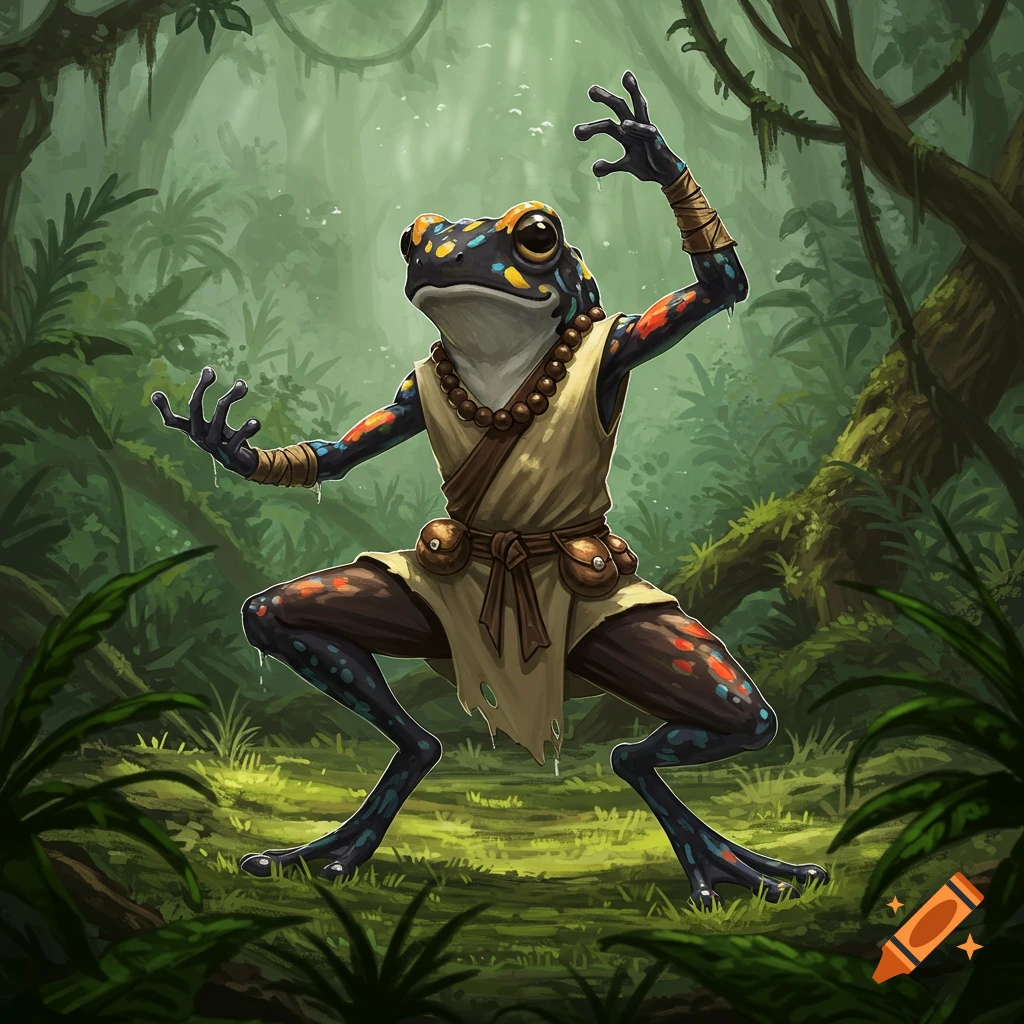 A black and colorful poison dart frog-like monk (Grung) in a martial arts pose stands in a lush jungle.