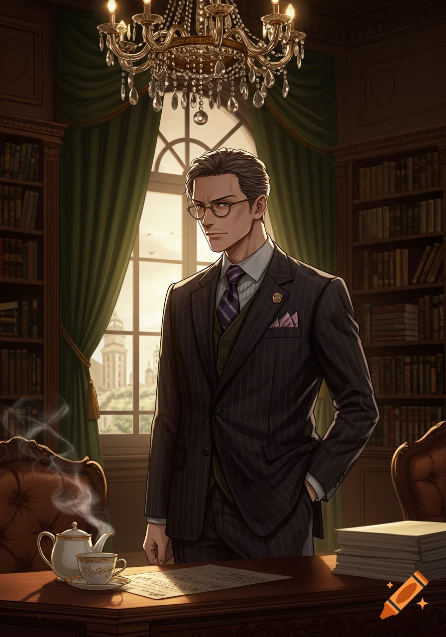 Anime man in pinstripe suit stands in a library, tea set on desk, city view through window.