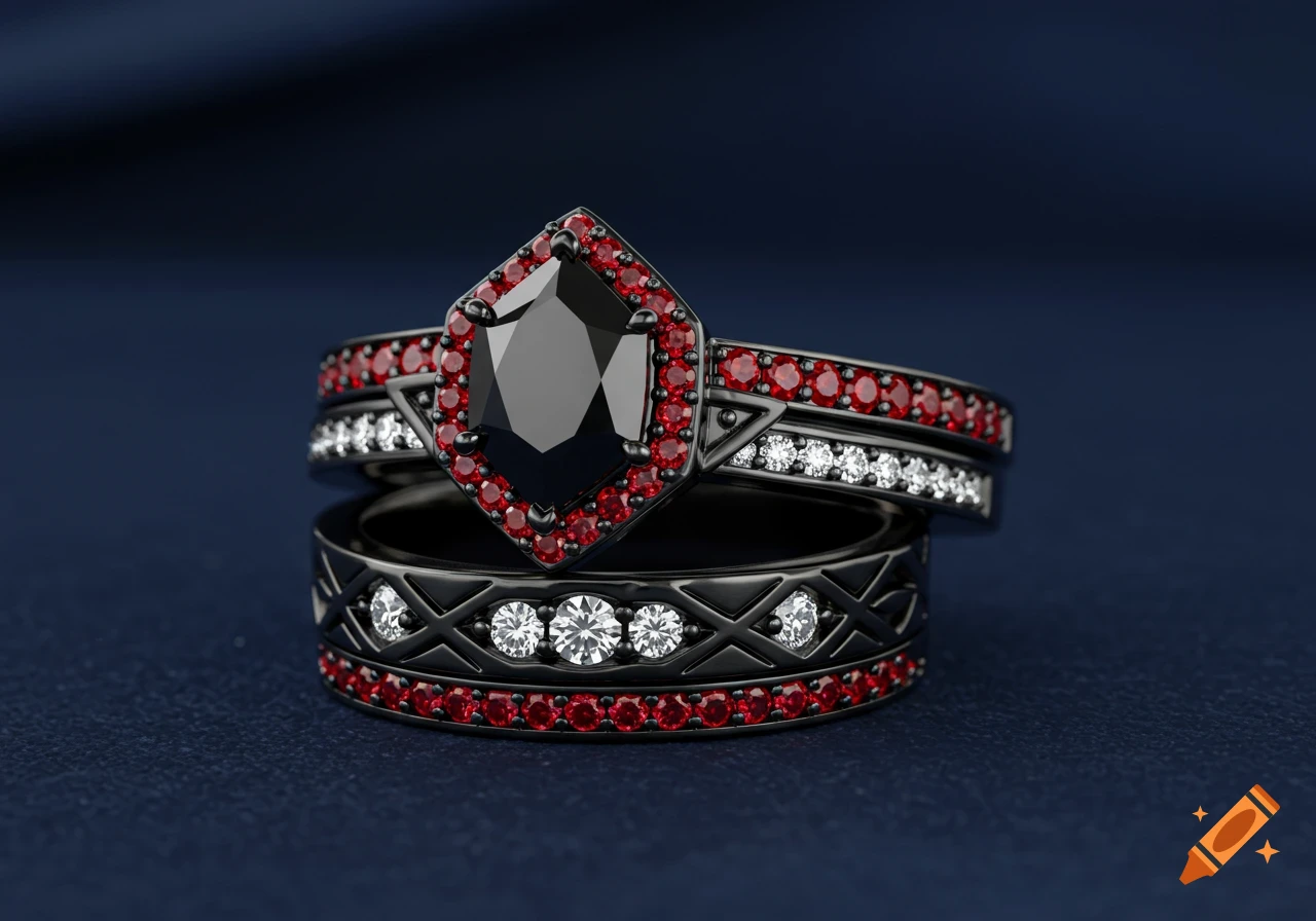 A luxurious black wedding ring set with a kite-shaped black diamond, ruby halo, and coordinating bands with white diamonds, on a dark blue surface.
