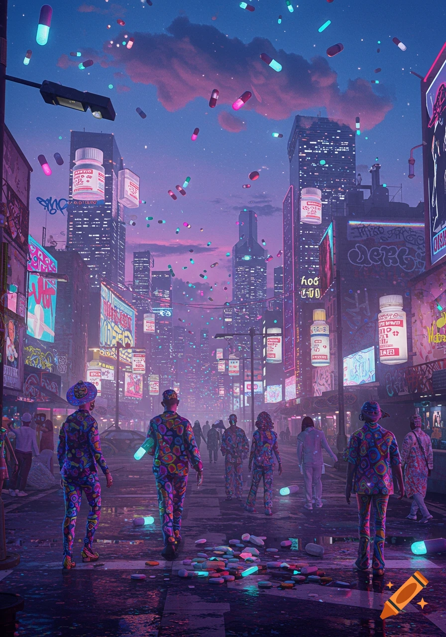 A vibrant, neon-lit cyberpunk city at dusk, with colorful pills and pill bottles floating in the sky and scattered on the wet ground. People in brightly patterned clothes walk through the street.