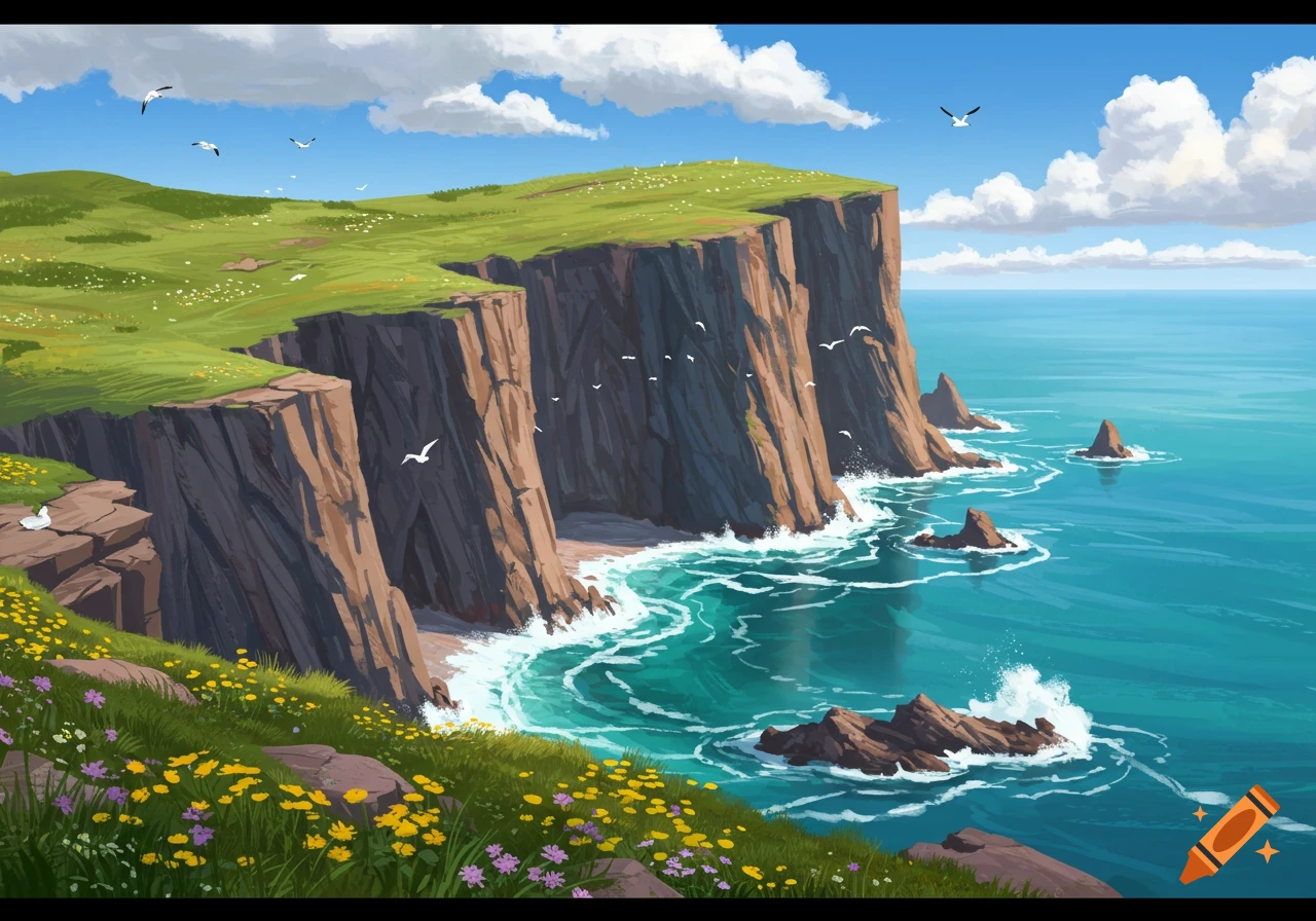A vibrant, stylized landscape of green-topped cliffs overlooking a blue ocean with breaking waves, under a blue sky with white clouds.