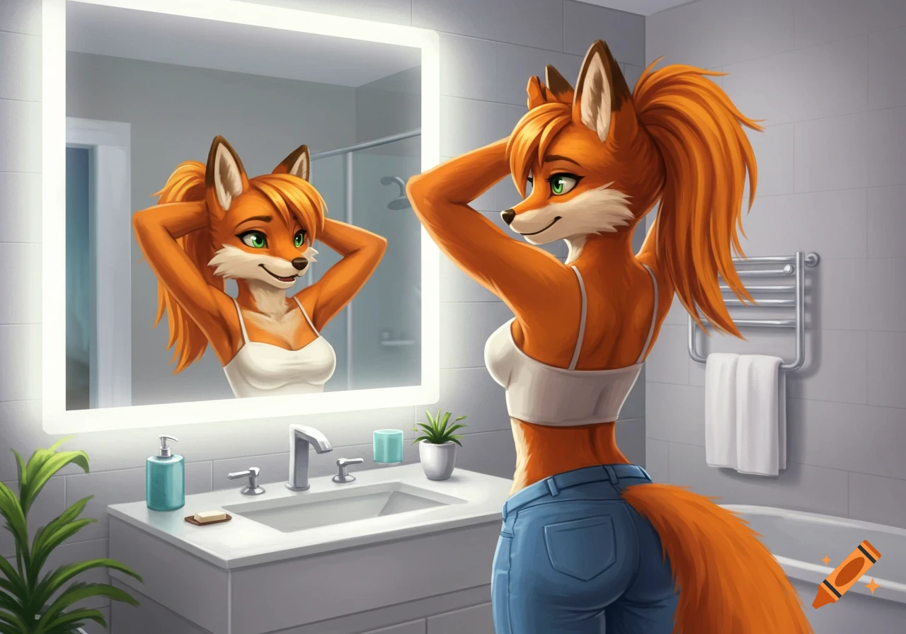 Animated female fox in a white crop top and jeans tying her orange hair into a ponytail while looking in a bathroom mirror.