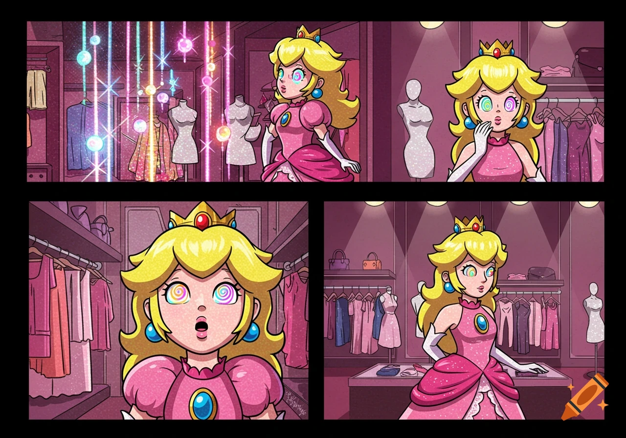 A comic strip showing Princess Peach with spiral eyes, mesmerized by sparkling lights in a clothing store, posing in various dresses.