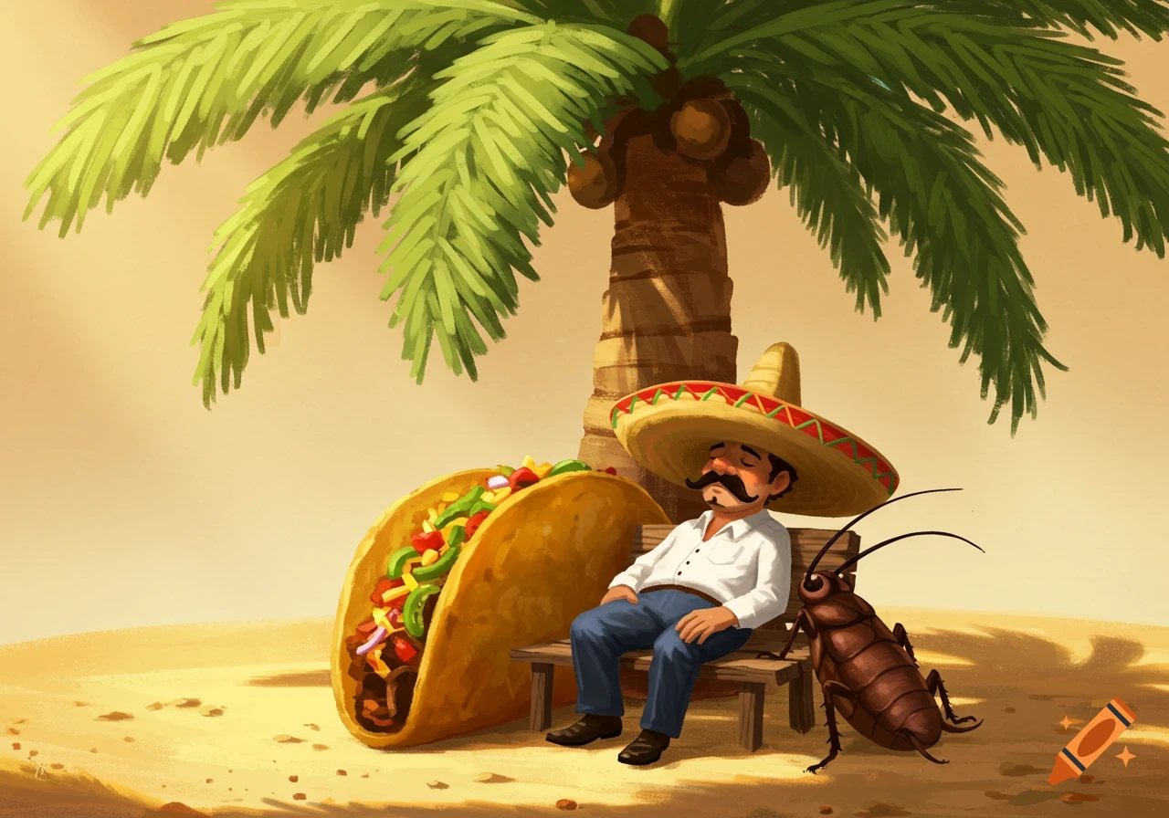 Cartoon illustration of a man in a sombrero sleeping under a palm tree next to a giant taco and a large cockroach on sandy ground.