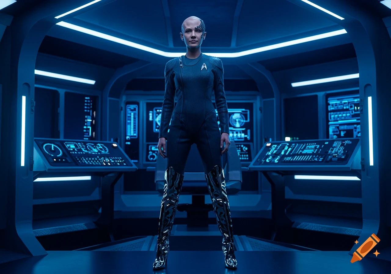 Photorealistic image of a woman resembling Seven of Nine in a dark uniform and shiny thigh-high boots on a futuristic spaceship bridge.