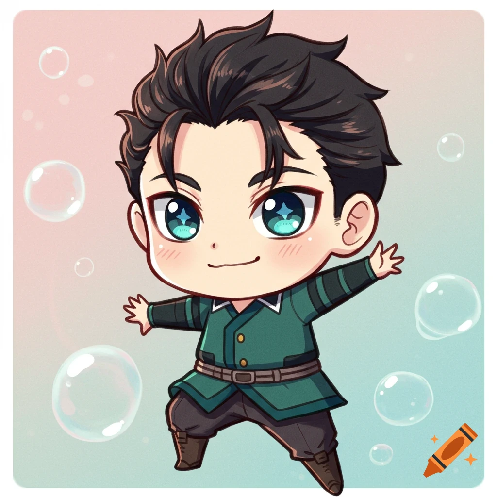 A cute chibi anime boy with dark hair and bright blue eyes wearing a green uniform, surrounded by bubbles on a pastel background.