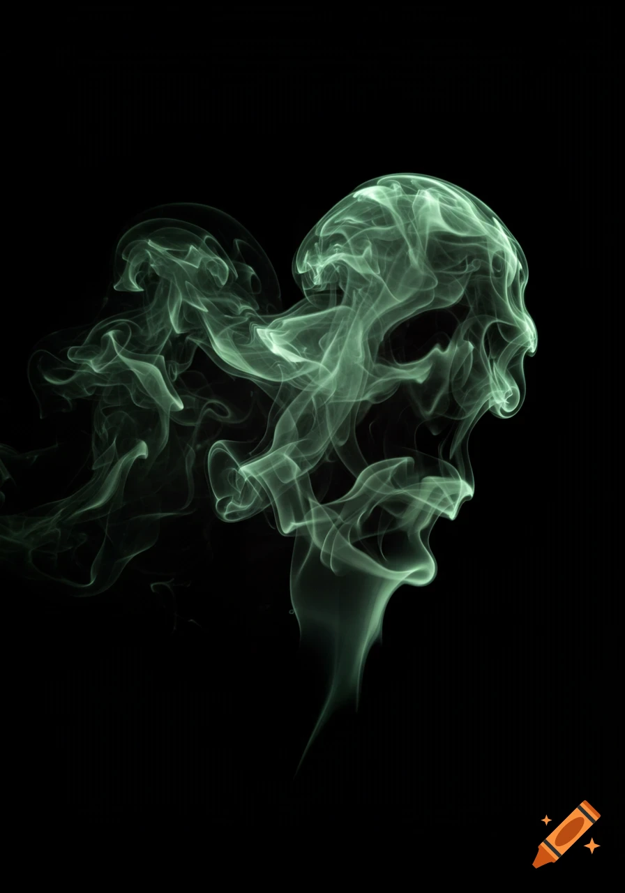 Green smoke swirls into abstract, ghostly shapes against a dark black background.