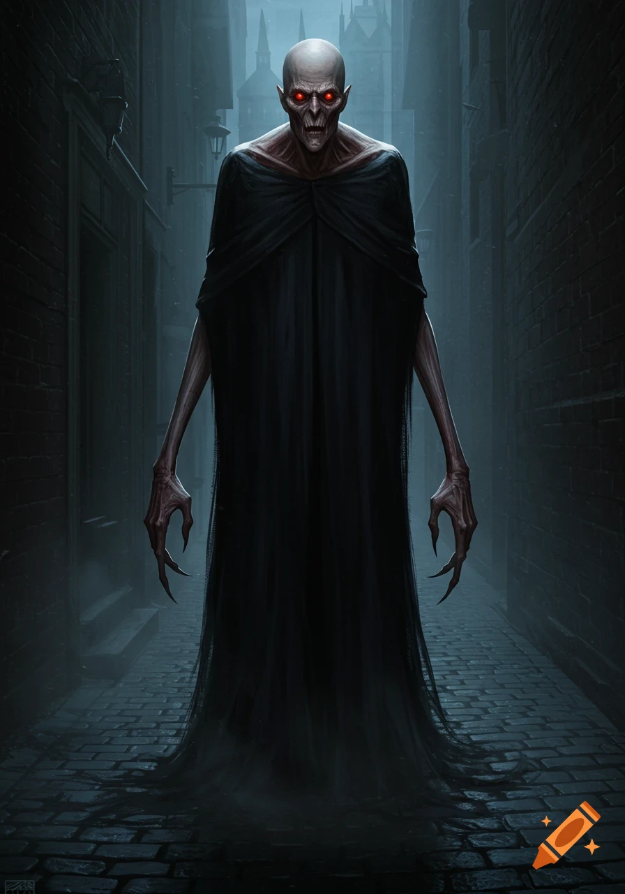 A gaunt, bald, pale-skinned creature with glowing red eyes, a slit nose, and long, bony clawed hands, wearing a black cape, stands in a dark, foggy cobblestone alley.