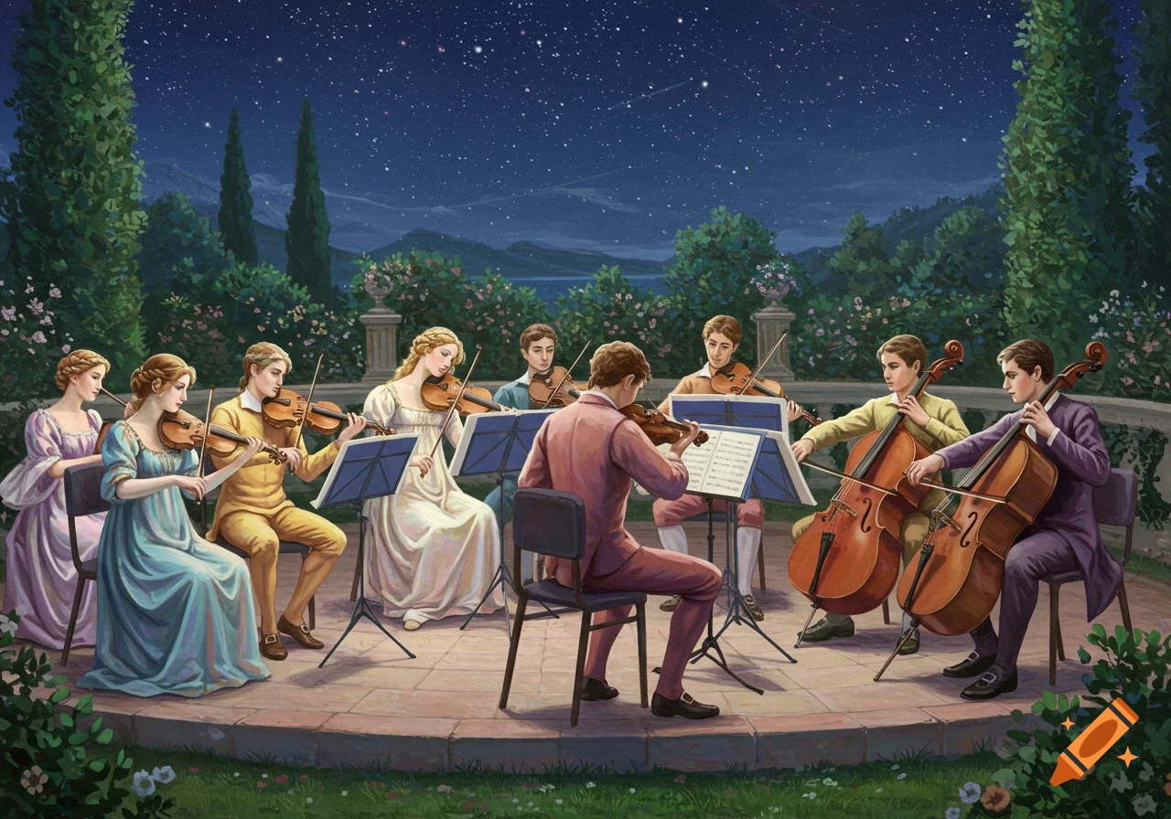 A classical painting depicts a string ensemble playing music in a lush garden under a starry night sky. Musicians, dressed in historical attire, play violins and cellos, illuminated by soft light.