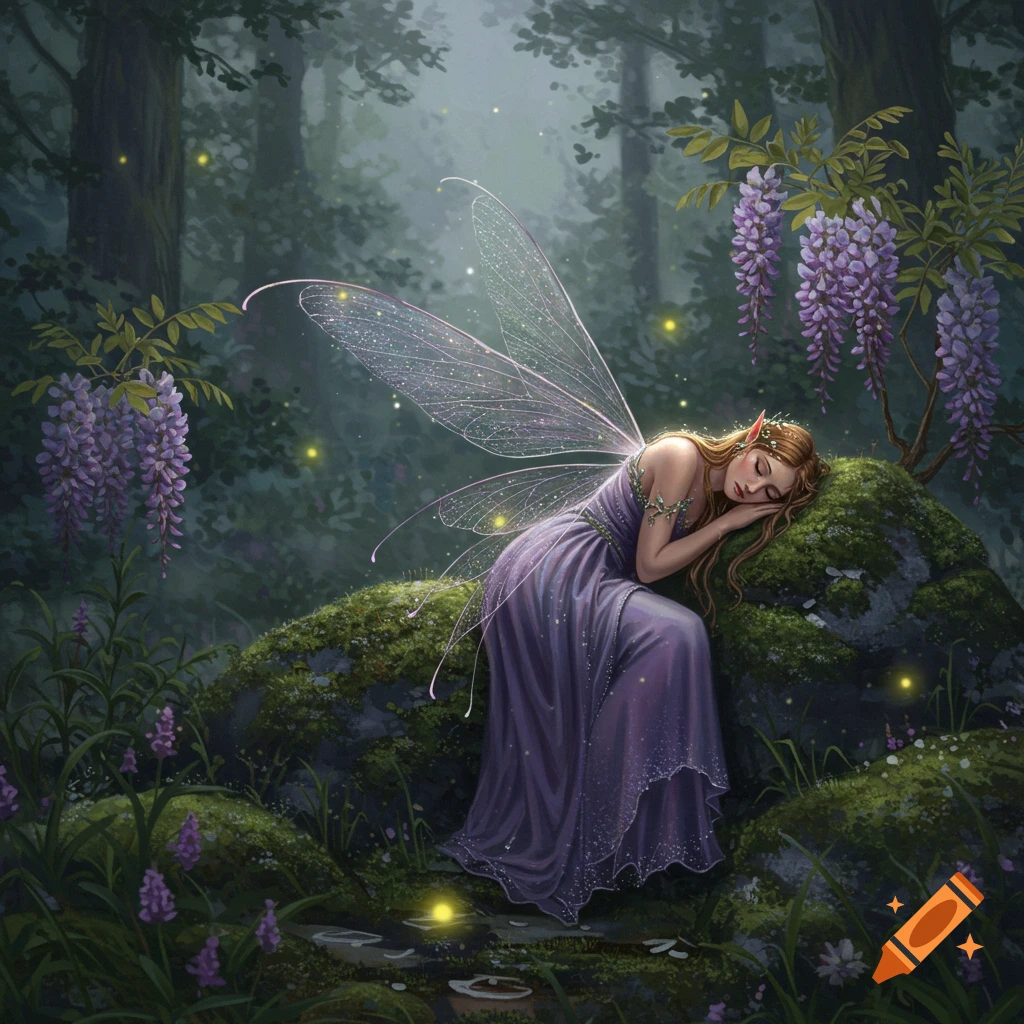 An ethereal fairy with delicate wings sleeps on a mossy rock in a magical forest with purple wisteria and fireflies.