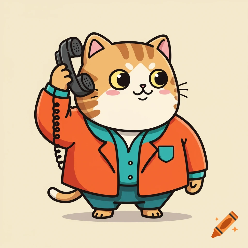 Chubby cartoon cat in an orange jacket holding a black telephone receiver to its ear.