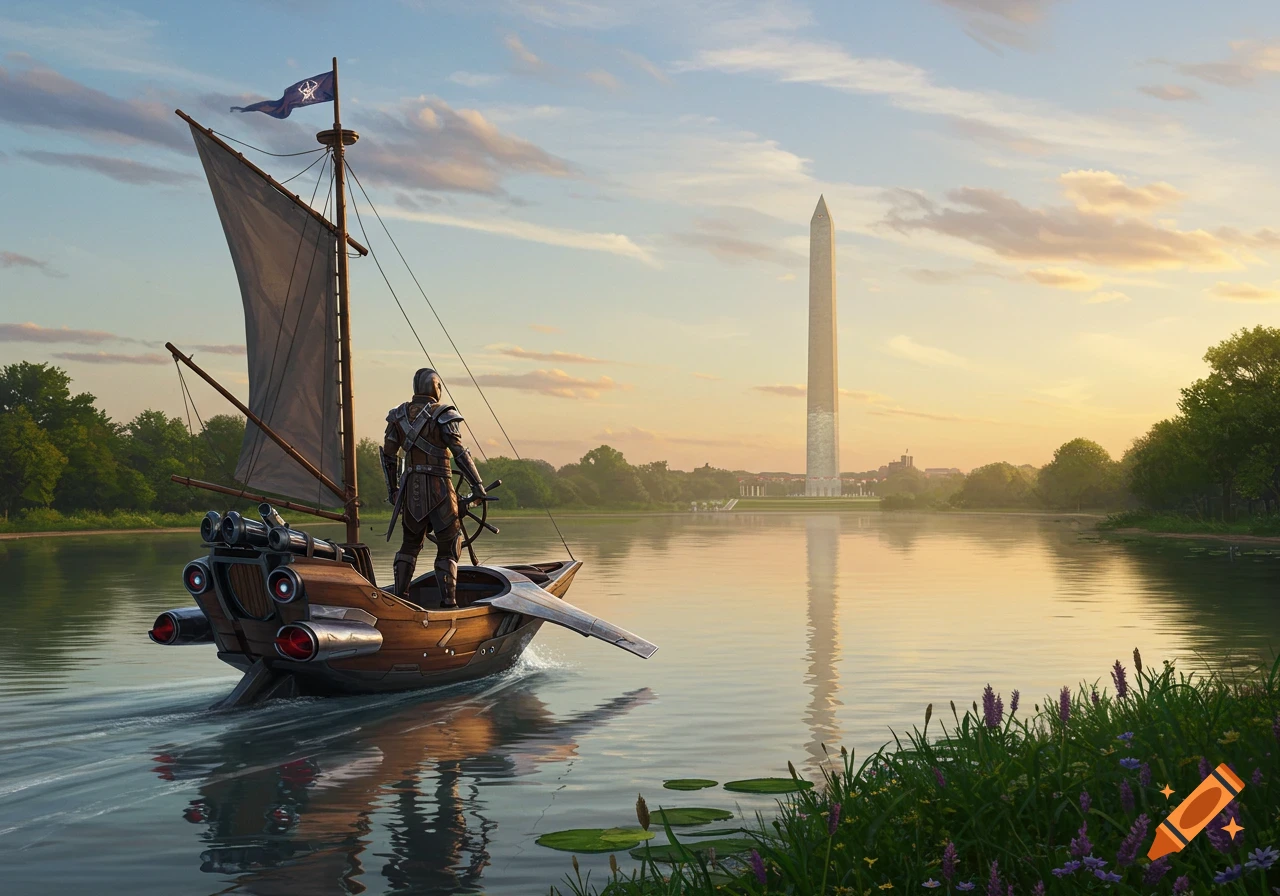 A fantasy warrior steers a steampunk boat on a lake, with the Washington Monument reflecting in the water at sunset.