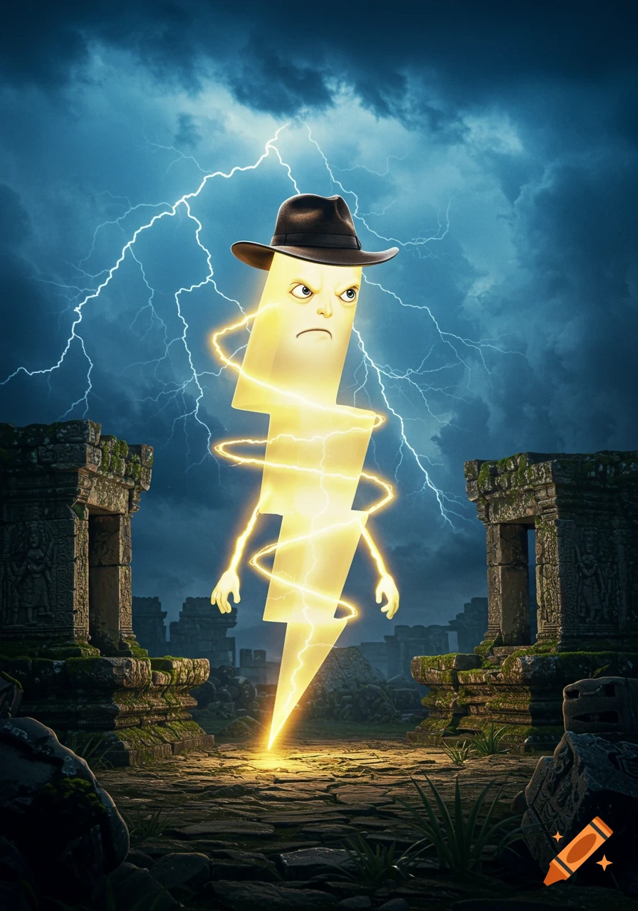 A grumpy, cartoon lightning bolt character in a fedora stands in ancient ruins with lightning striking in a stormy sky.
