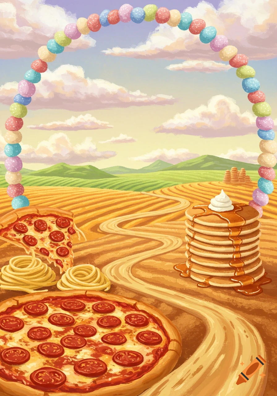 Colorful illustration of a whimsical food land with a candy rainbow, pasta roads, pizzas, and pancakes in a field.