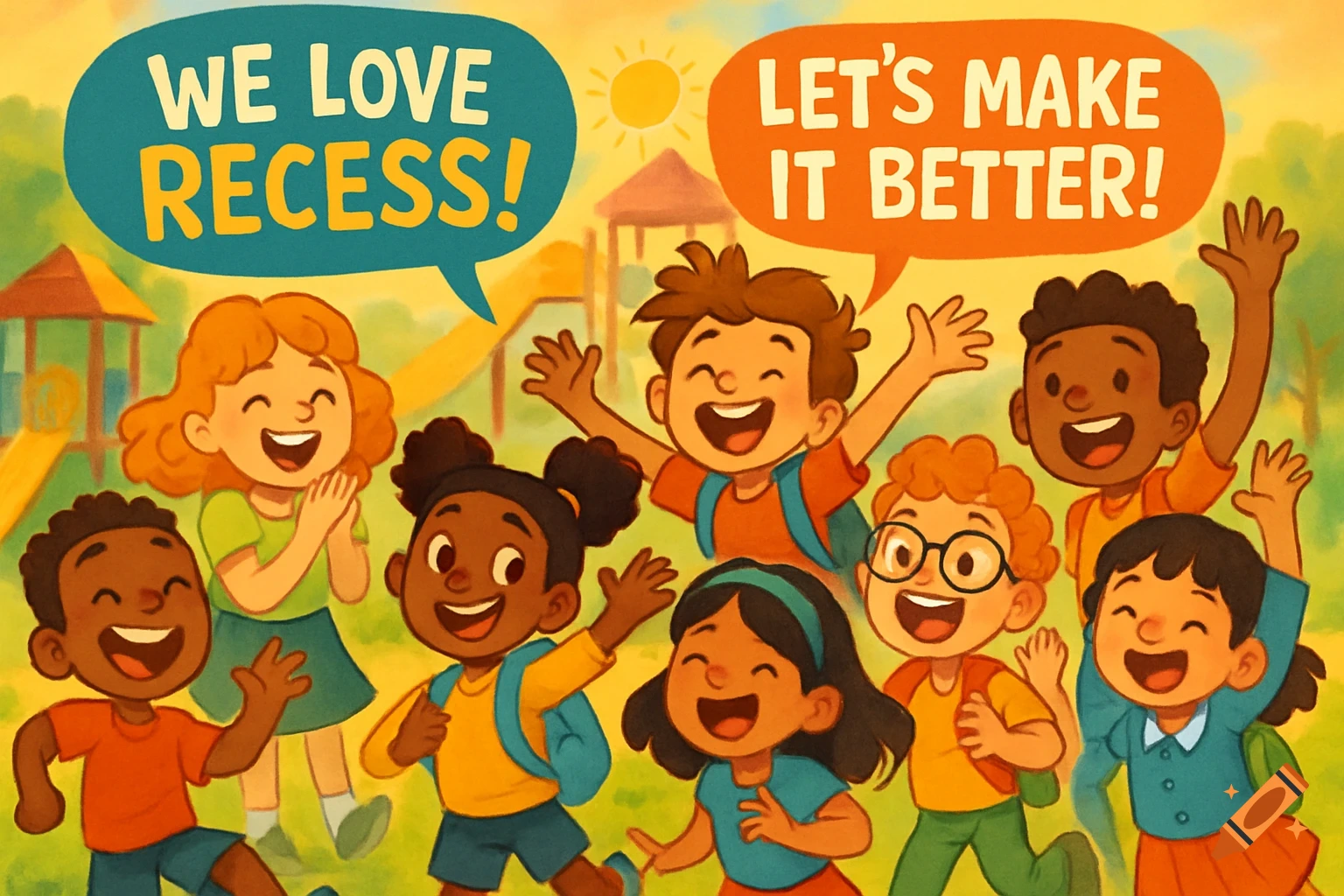 Happy, diverse cartoon children play in a sunny playground with speech bubbles "WE LOVE RECESS!" and "LET'S MAKE IT BETTER!"