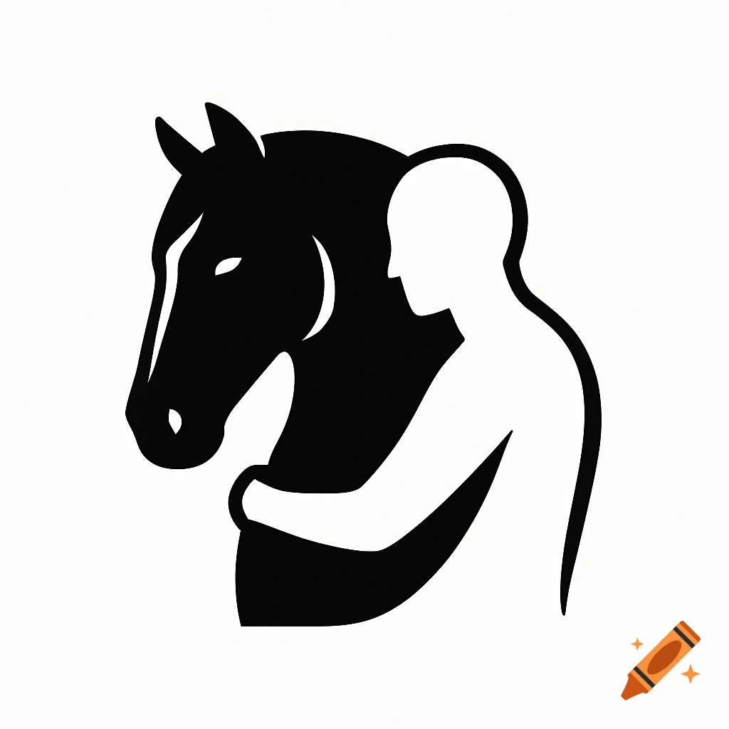 Minimalist black and white logo of a person embracing a horse.