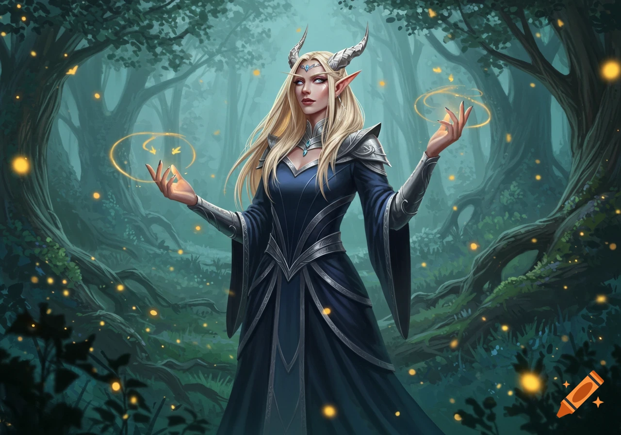 A blonde horned elf in a blue dress and armor conjures magic in an enchanted forest, digital painting.