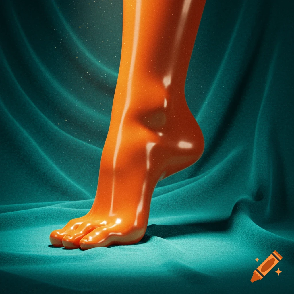 A shiny, vibrant orange foot stands on a draped teal fabric, rendered in a glossy, stylized manner.