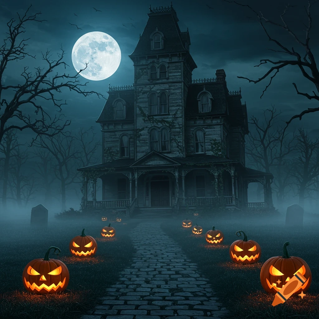 A spooky haunted house under a full moon, surrounded by bare trees and glowing jack-o'-lanterns leading up a cobblestone path through a misty lawn.