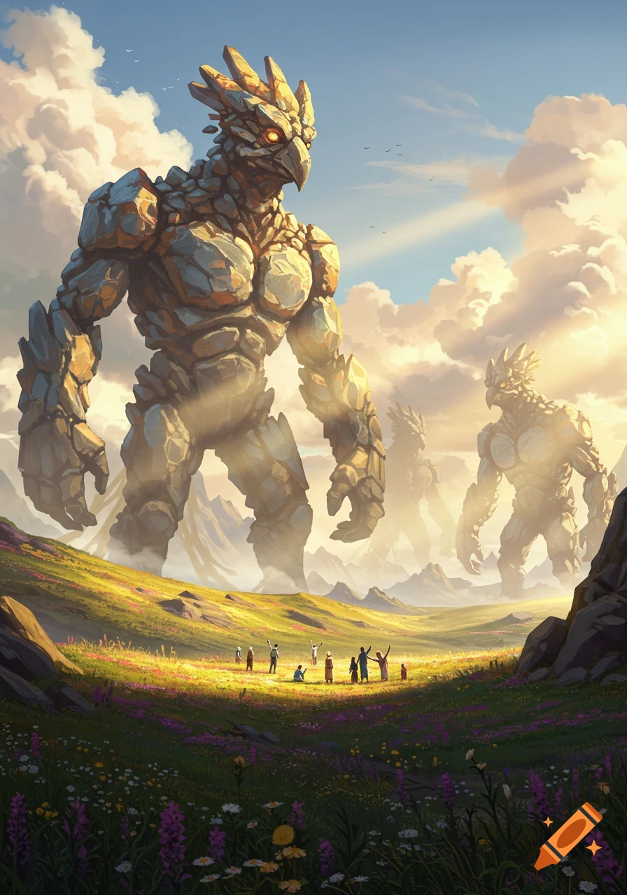 Giant bird-like rock golems tower over small humans in a vibrant, flowery meadow with mountains.
