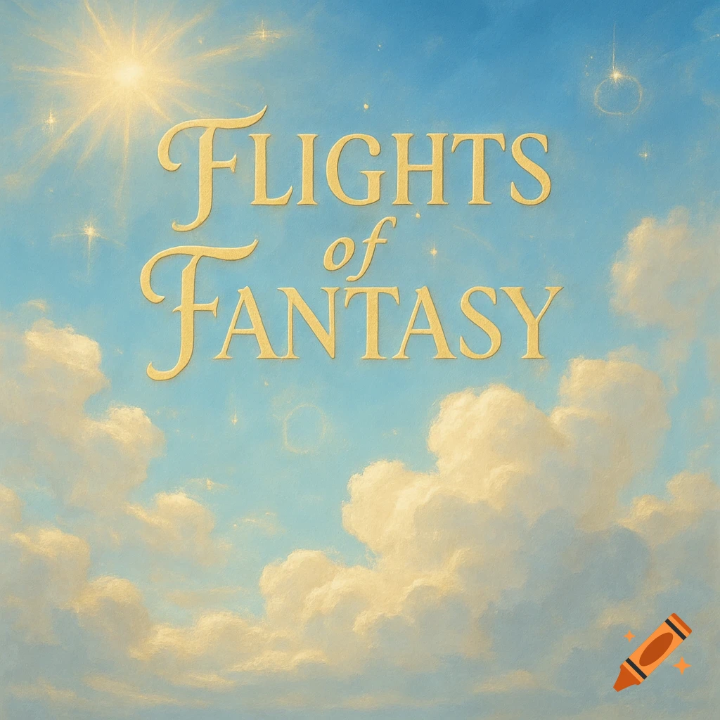 Golden text 'Flights of Fantasy' against a blue sky with fluffy white clouds and a shining sun.
