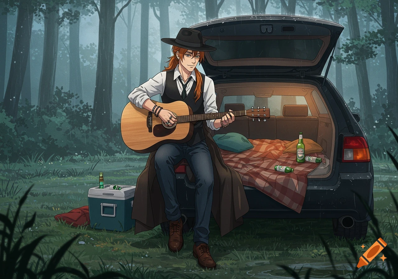 Anime man with long orange hair and a fedora plays guitar, sitting by open car trunk with beer, camping in a rainy forest.