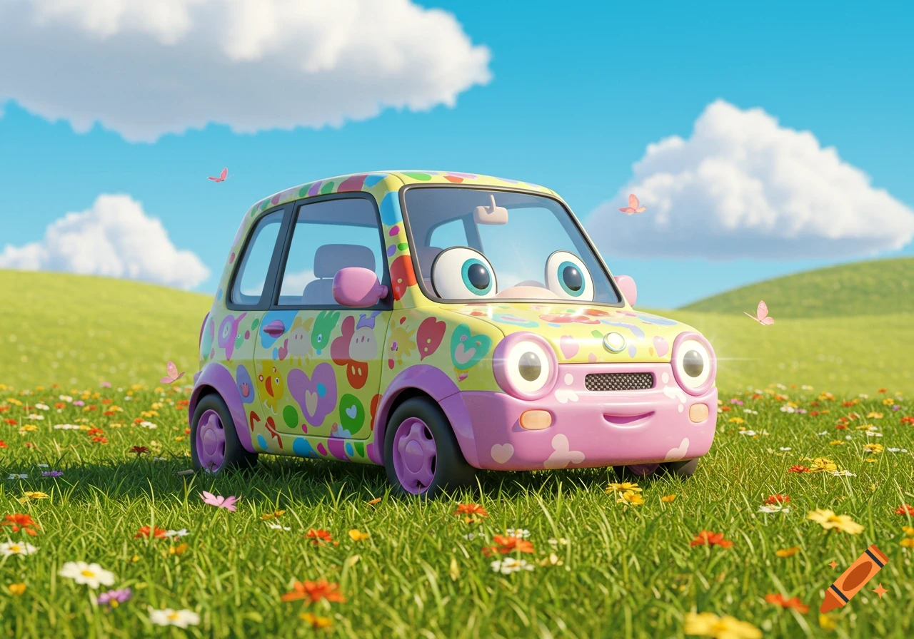 A cheerful yellow and pink cartoon car with big eyes and colorful patterns sits in a field of wildflowers under a blue sky.