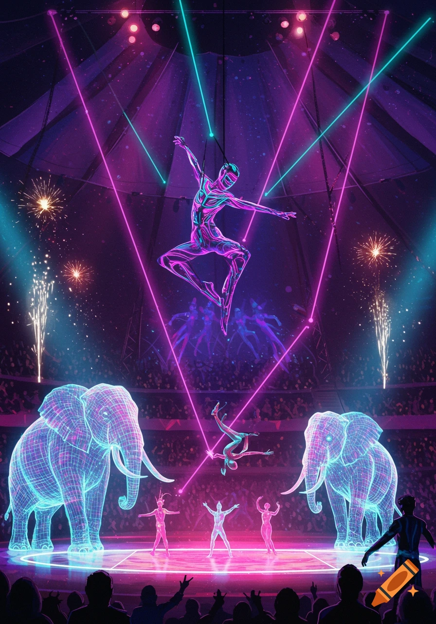 Futuristic digital circus with glowing wireframe acrobats, neon elephants, laser lights, fireworks, and an audience.