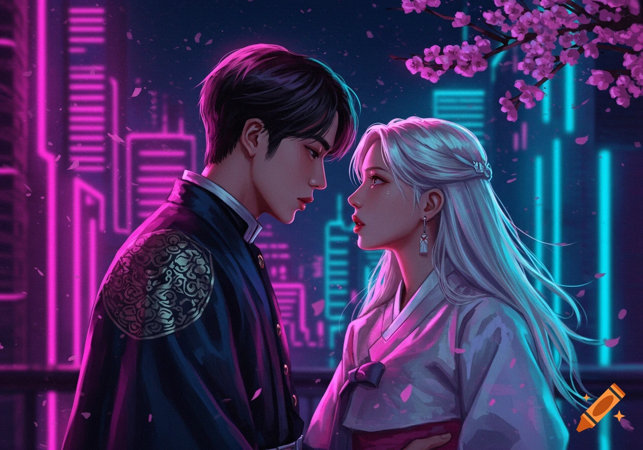 An anime-style couple in traditional Korean-inspired outfits gazing at each other against a neon cyberpunk city and cherry blossoms.