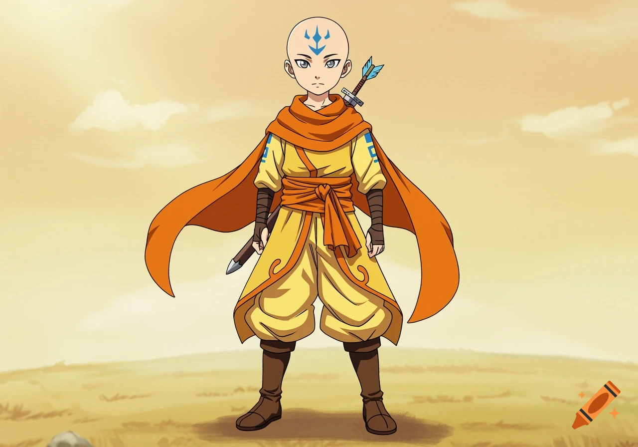 Anime-style depiction of Aang from Avatar, a bald boy with an arrow tattoo, in a yellow and orange outfit, standing in a desert.