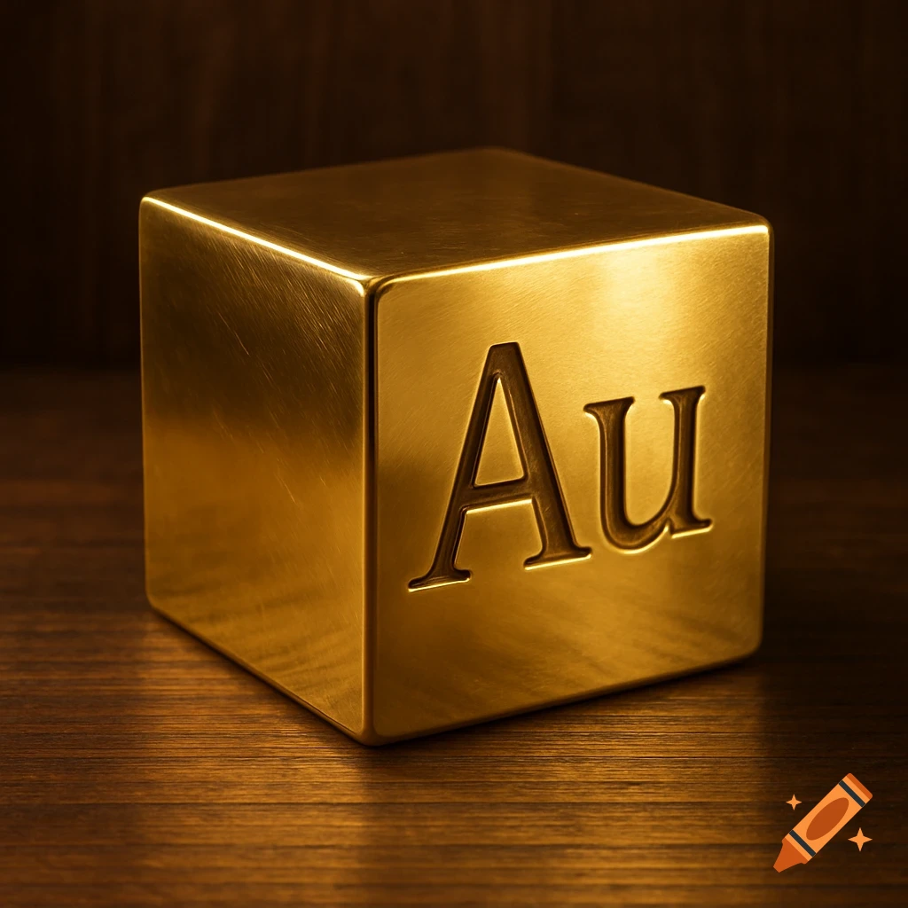 A photorealistic gold cube with the chemical symbol Au professionally engraved on its front, sitting on a dark wooden surface.
