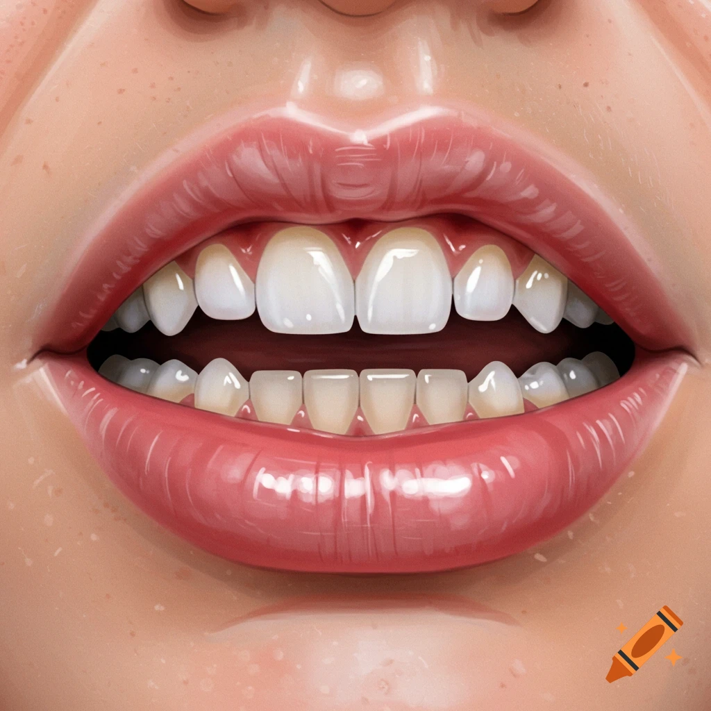 A detailed close-up illustration of an open human mouth, showing pink lips, white teeth, and the inner oral cavity.